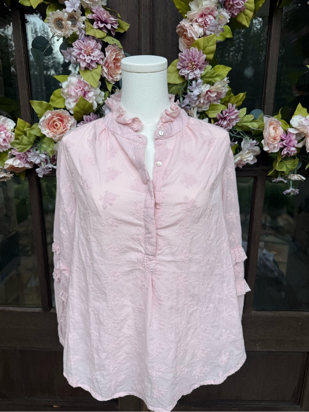 ivy jane Light Pink Ruffle Neck Embroidered Button-Down Top